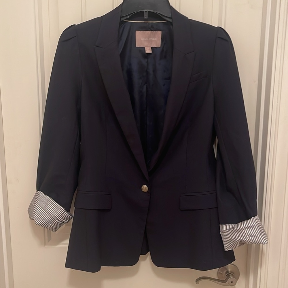 Banana Republic 95%wool Puff Shoulder 1 Button flip cuff Blazer women sz 10 Navy